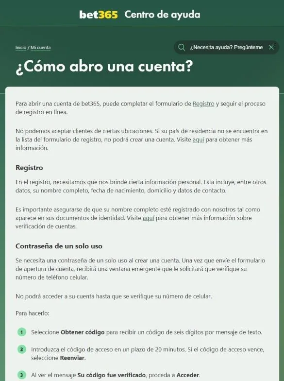 Artículo del centro de ayuda de bet365 sobre cómo abrir una cuenta