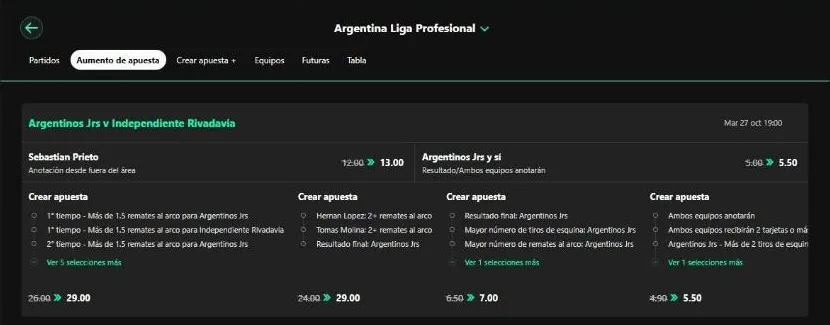 Aumentos de apuesta en un partido de la Liga Profesional