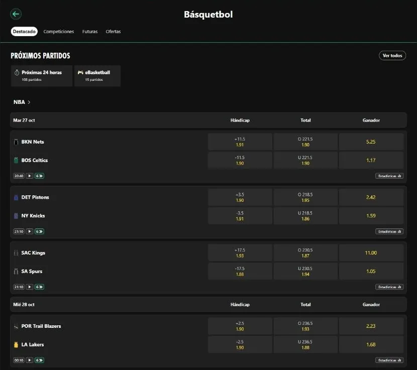 Sección Básquetbol de bet365 con NBA y Liga Nacional