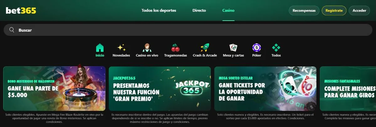 Lobby del casino de bet365 en la computadora
