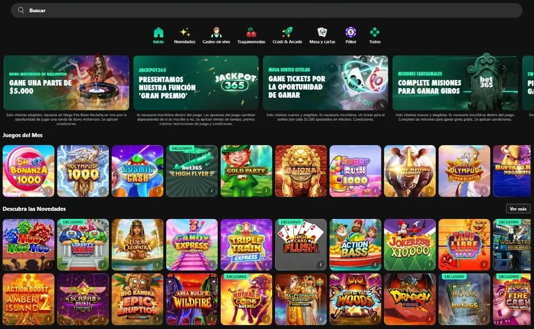 Inicio de bet365 Casino con promociones y juegos