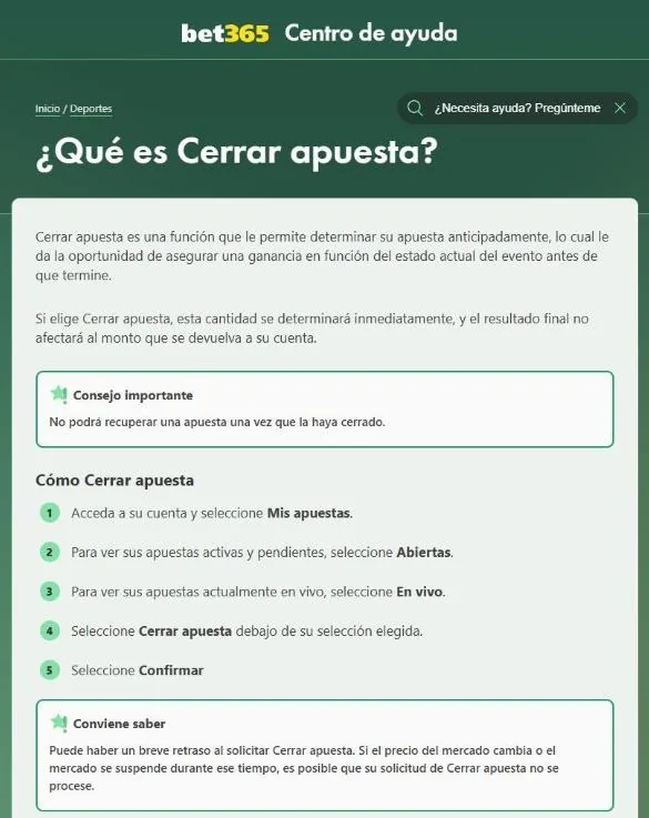 Artículo del centro de ayuda de bet365 sobre Cerrar apuesta