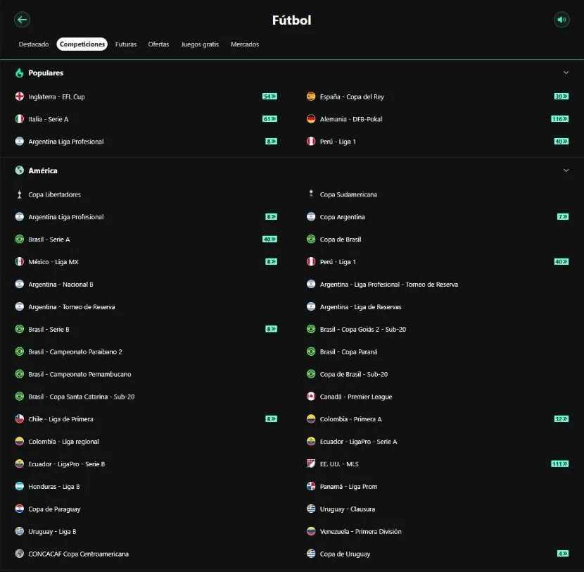 Pestaña Competiciones de Fútbol en bet365