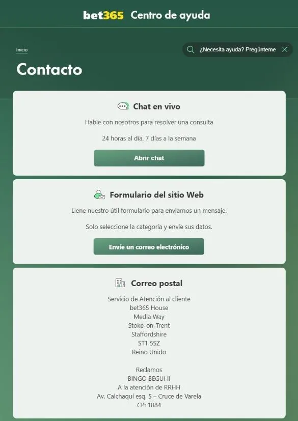 Canales de contacto de bet365