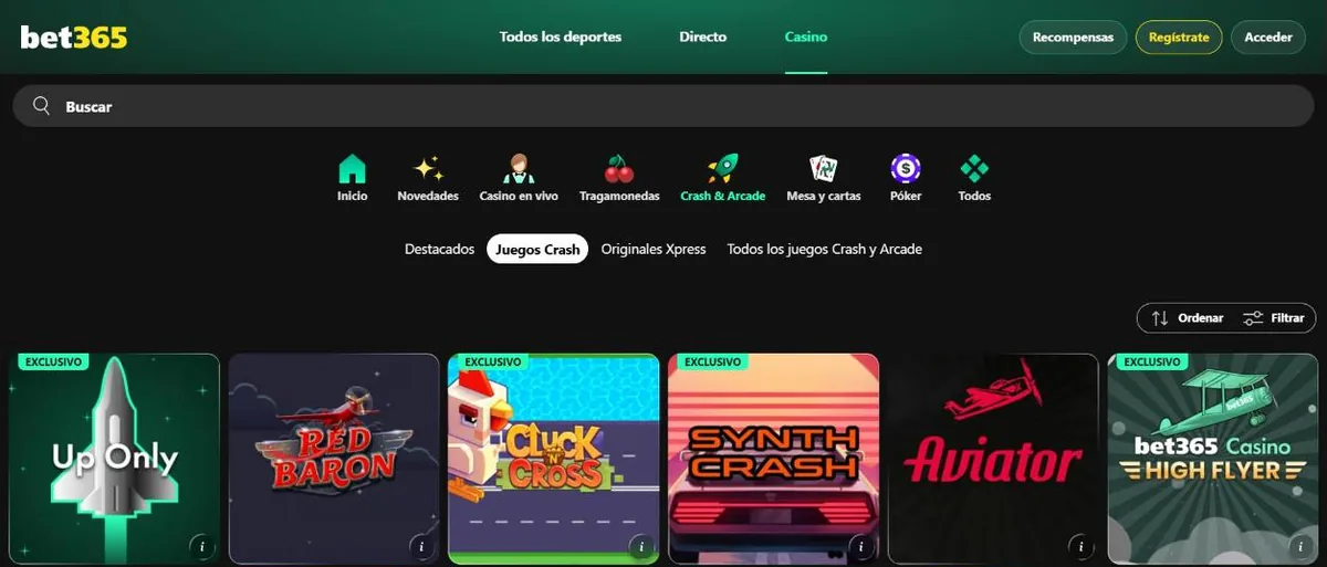 Aviator junto a otros juegos crash en bet365 Casino