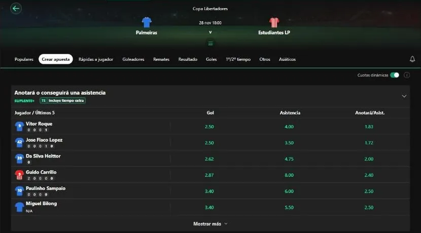 Mercados de jugador en un partido de bet365