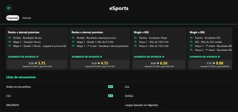 Sección eSports de bet365 con aumentos de apuesta
