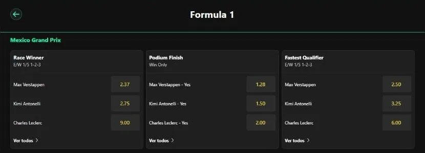 Sección Fórmula 1 de bet365 con el Gran Premio de México
