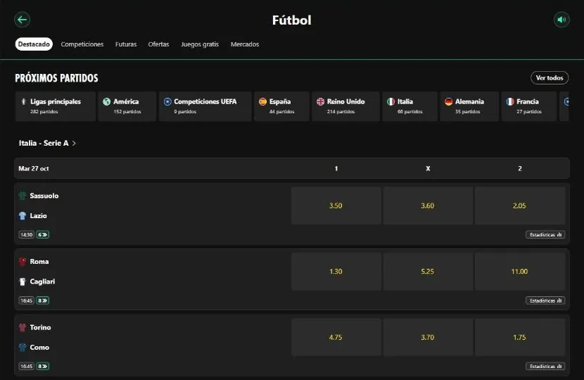 Cuotas decimales de fútbol en bet365
