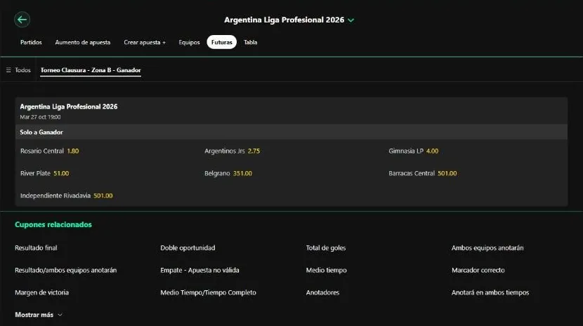 Mercado de ganador de zona de la Liga Profesional en bet365