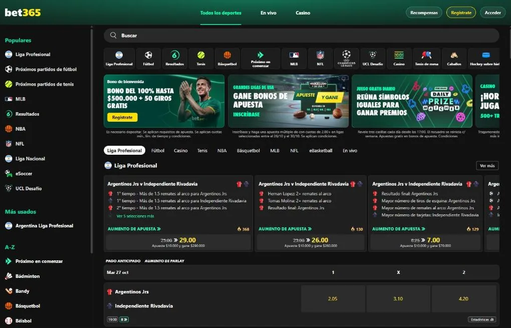 Inicio de bet365.bet.ar con el banner del bono de bienvenida