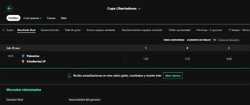 Partido de Copa Libertadores con las columnas Pago anticipado y Aumento de parlay