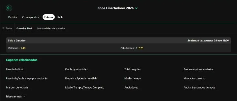 Mercado de ganador de la Copa Libertadores 2026 en bet365