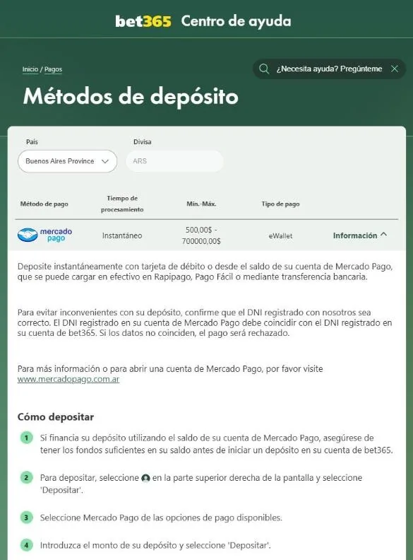 Información de bet365 sobre depósitos con Mercado Pago