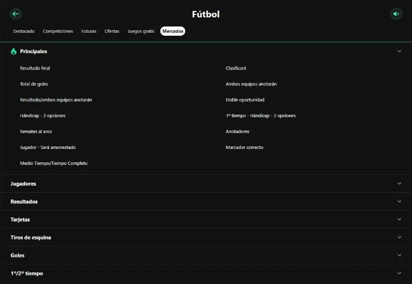 Mercados de fútbol en bet365