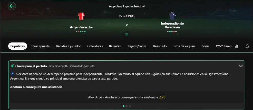 Partido de la Liga Profesional en bet365 con las etiquetas Pago anticipado y Aumento de parlay