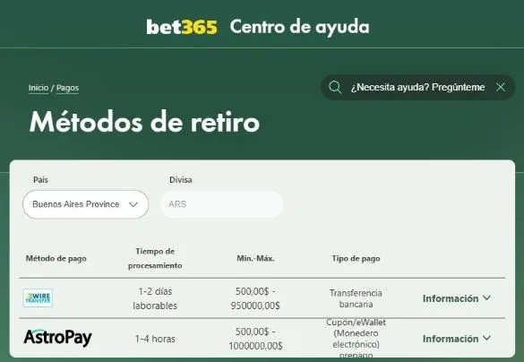 Plazos y montos de retiro en bet365