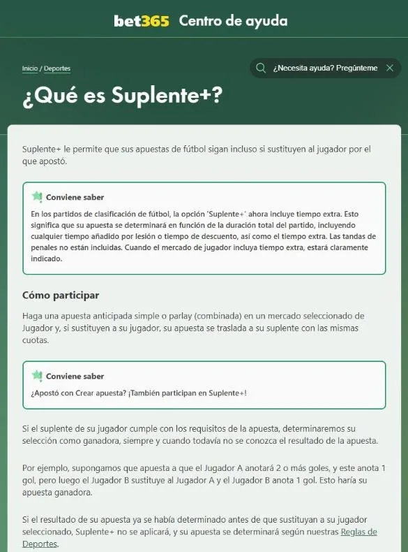 Artículo de bet365 que explica Suplente+
