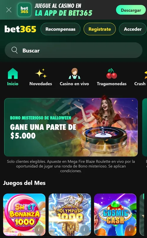 Casino de bet365 en el celular con el aviso para descargar la app de casino