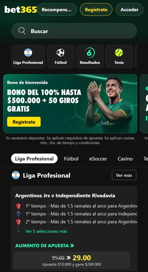 bet365.bet.ar en el celular con el bono de bienvenida y la barra inferior de navegación