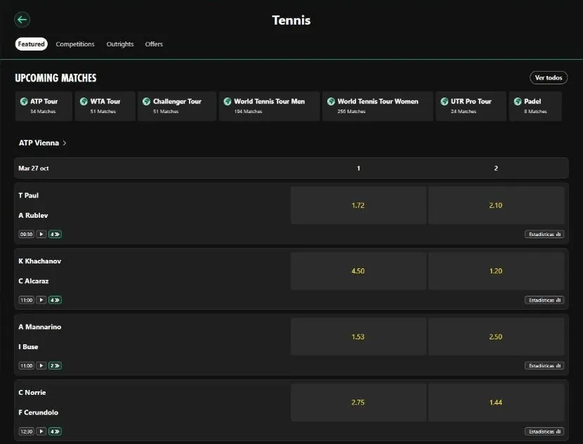 Sección Tenis de bet365 con partidos del ATP de Viena