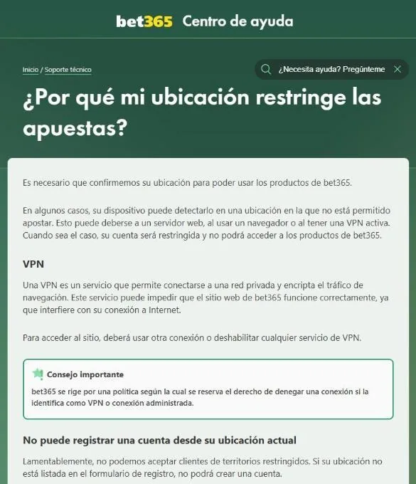 Artículo de bet365 sobre restricciones por ubicación y VPN