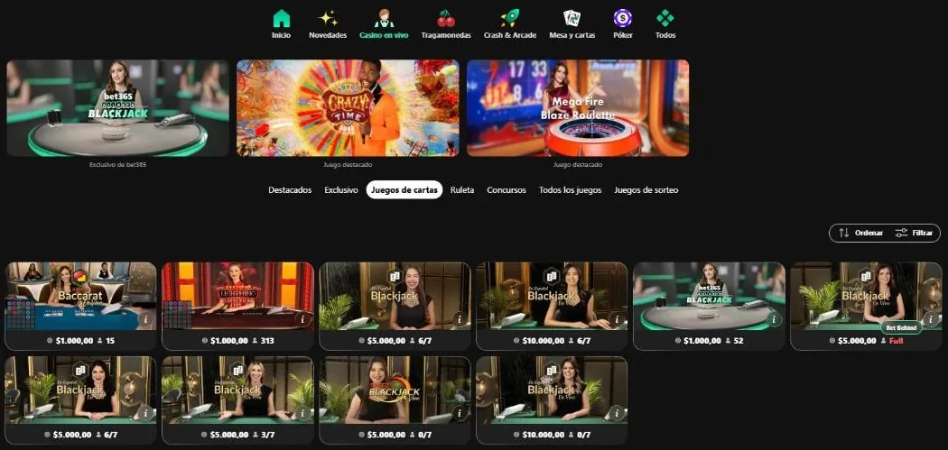 Mesas de blackjack en vivo de bet365