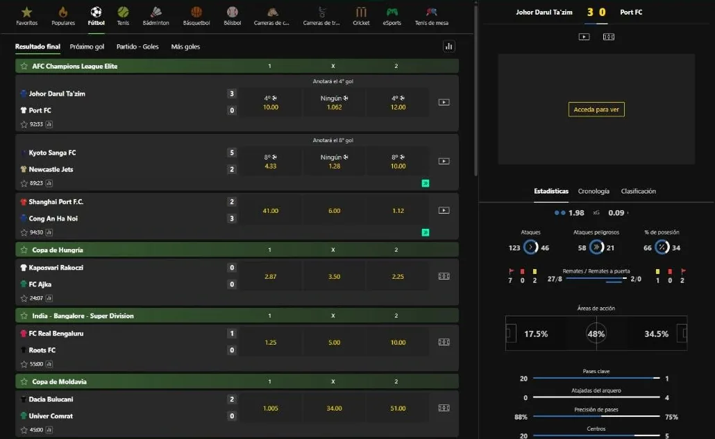 Fútbol en vivo en bet365 con estadísticas del partido